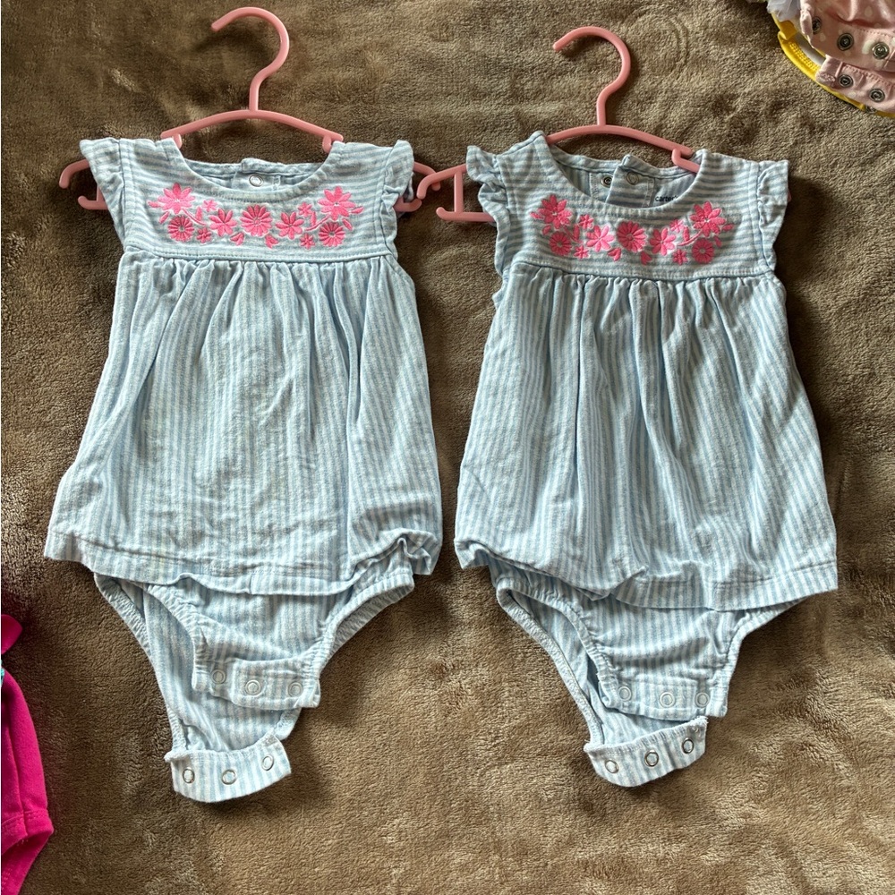 Twins Carters Striped Baby Rompers with Pink Embroidery